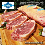 Beef Sirloin AGED BY GOODWINS Australia STEER young cattle (Striploin / New York Strip / Has Luar) frozen brand Harvey/Midfield STEAK 2cm 3/4" (price/pack kg 4-5pcs)